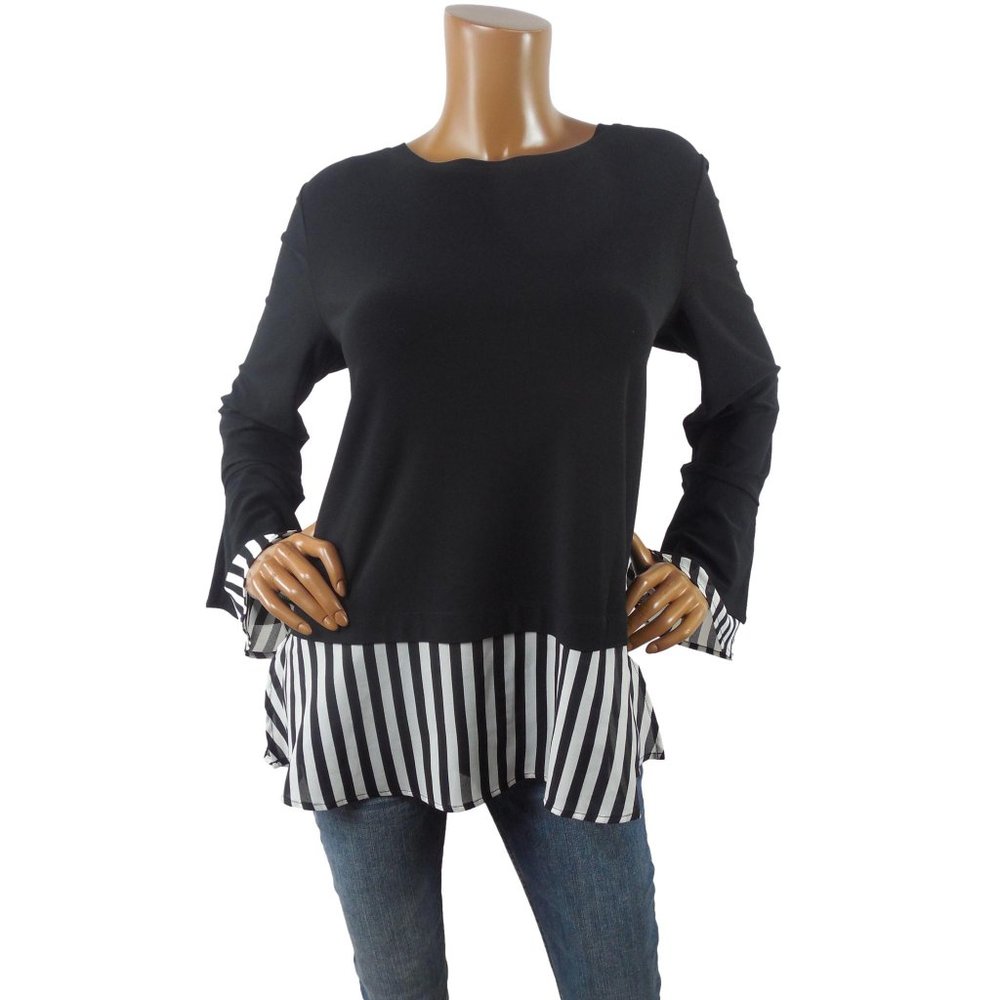 INC Top L Black/White Shirt Striped Chiffon Hem Stretch Flared Long Sleeves